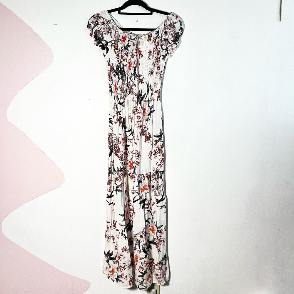 Anthropologie Kindred Floral Smocked Maxi Dress Medium White Tiered Boho